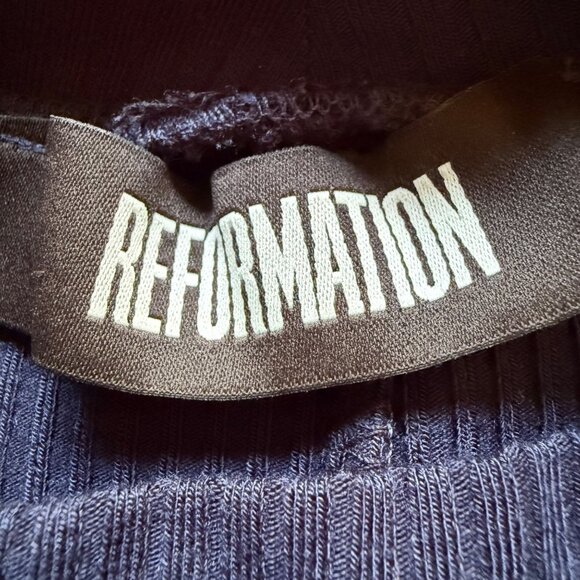 Reformation Size Large Navy Blue Ribbed Knit Mock Neck Short Sleeve Mini Dress - Picture 6 of 12